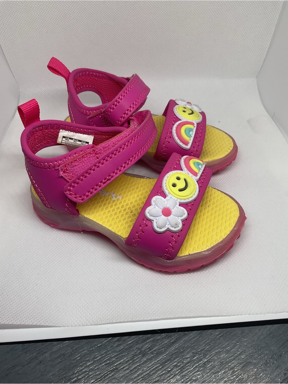 Carter's Pink and Yellow Toddler Sandals with Smiley & Rainbow Charms. Light up
